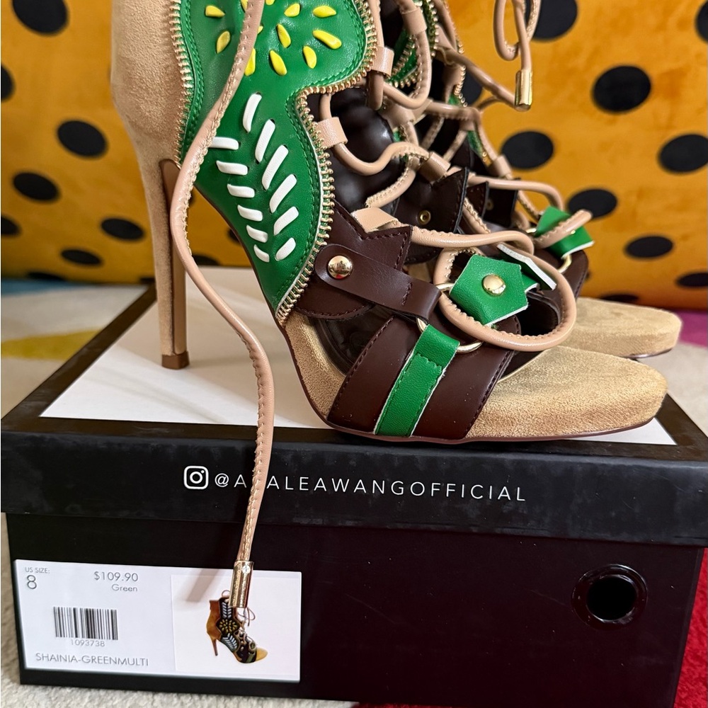 Lace-Up Stiletto Sandals with Green & Brown Accents azalea Wang 8 NIB